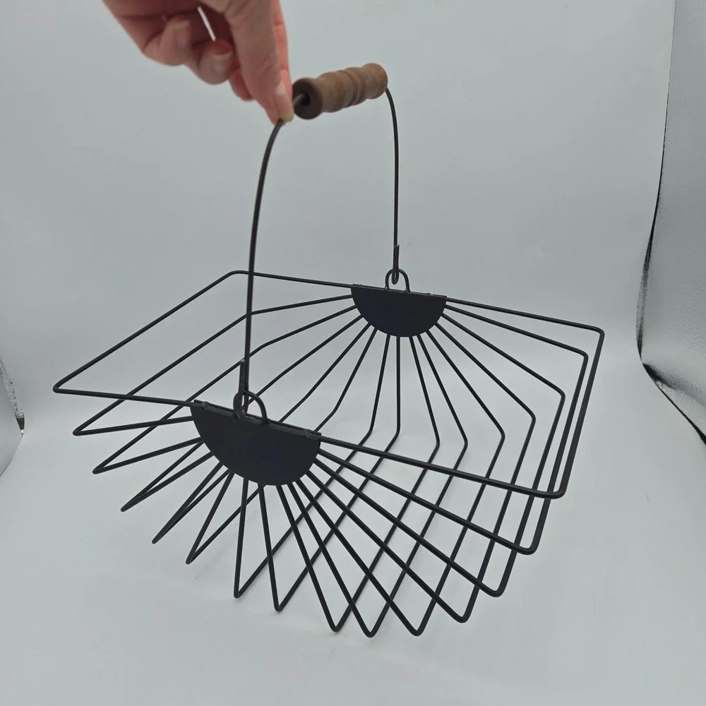 Vintage Wire Egg Fruit Basket with Wood Handle Black Metal Fan Design Farmhouse